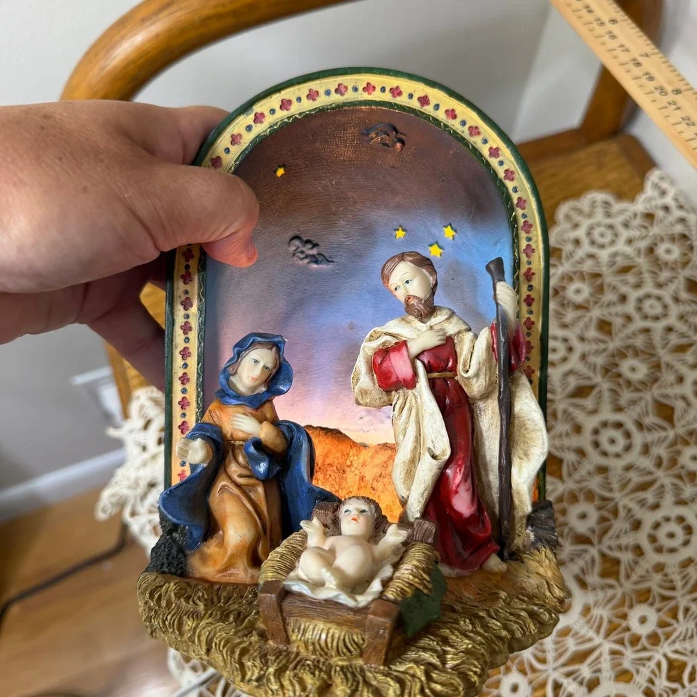 Vintage Autom Nativity Plug In Night Light Holy Family Resin Arched Grotto